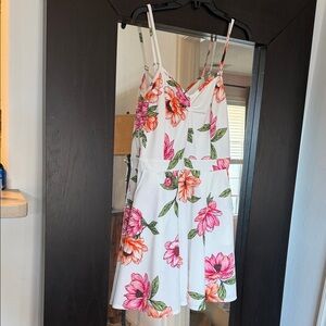 Floral Spaghetti-Strap White Sundress with Pink & Orange Blooms with pockets.